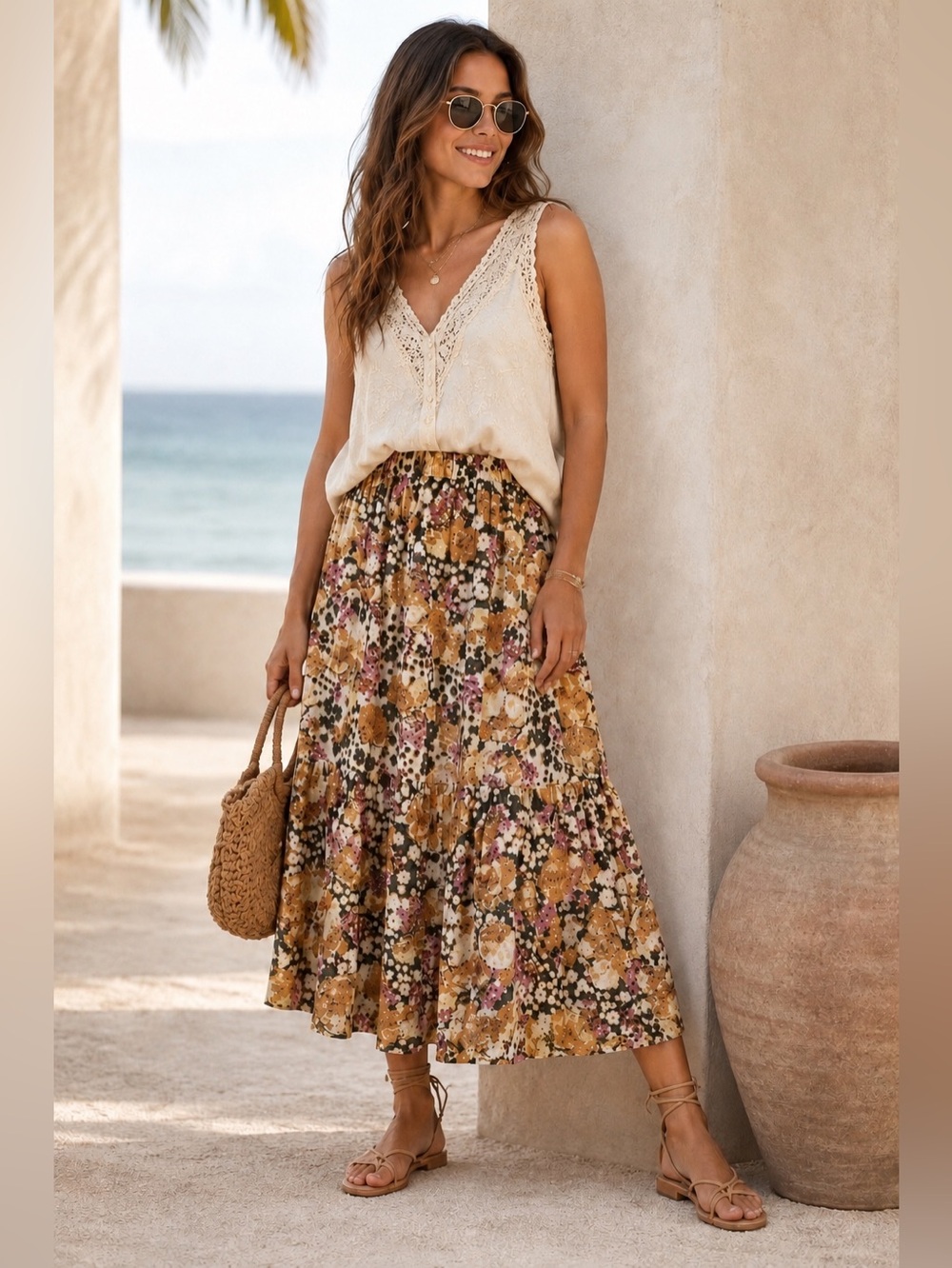 BA&SH Tiered Floral Midi Skirt M Semi Sheer Pull-On Hippie Festival Beach Resort - Picture 12 of 12
